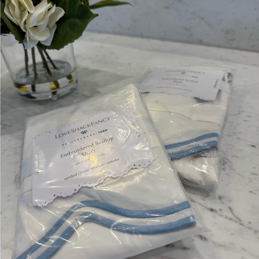 Set of 2 Standard Pottery Barn Teen x LoveShackFancy White Sham Blue Embroidery - Picture 2 of 6